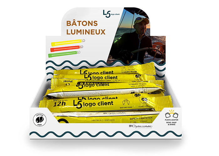 présentoir de comptoir avec 24 batons lumineux Cyalume