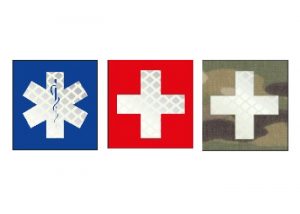 patch with blue cross and caduceus or rescue medical cross