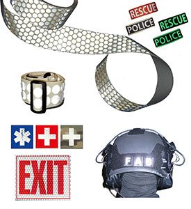 Retro-reflective and photoluminescent patches pannels belts bands