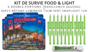 survival kit with food servings and lightsticks